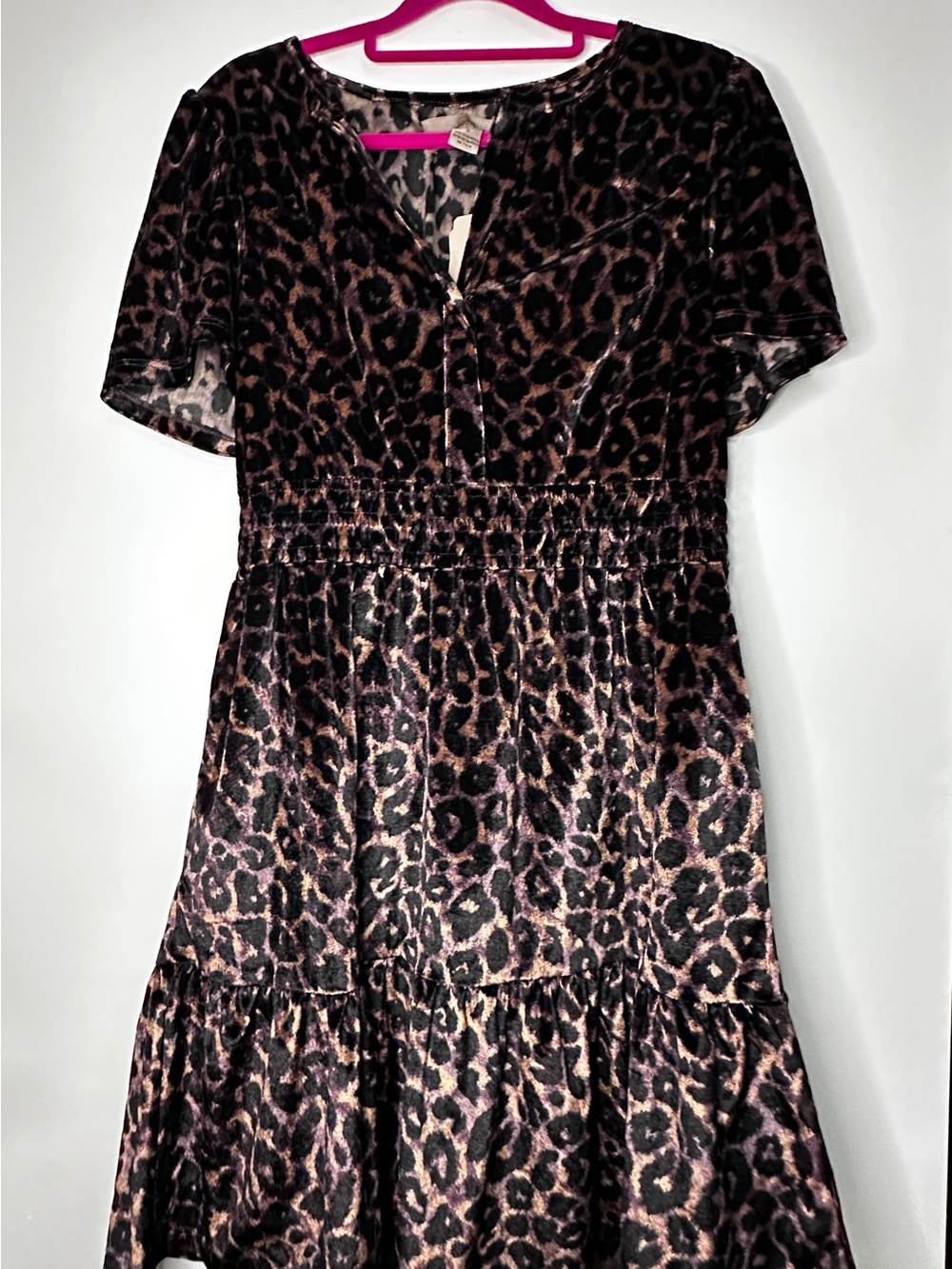 NWT French Connection Leopard Velvet Smocked Tiered Mini Dress Size S